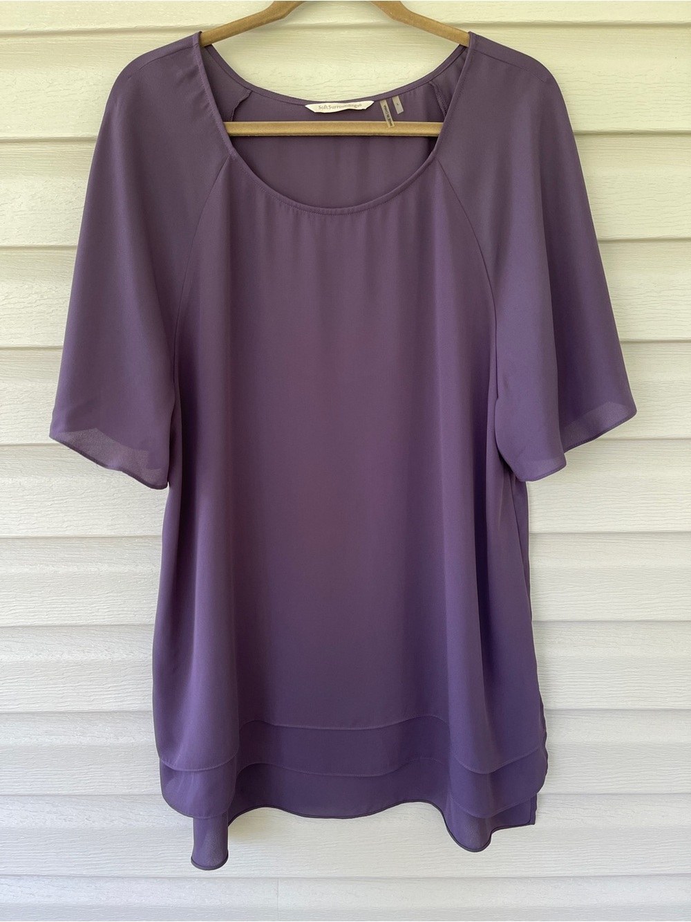 Soft Surroundings Purple Flutter Sleeve Layered Hem Chiffon Blouse Size Large